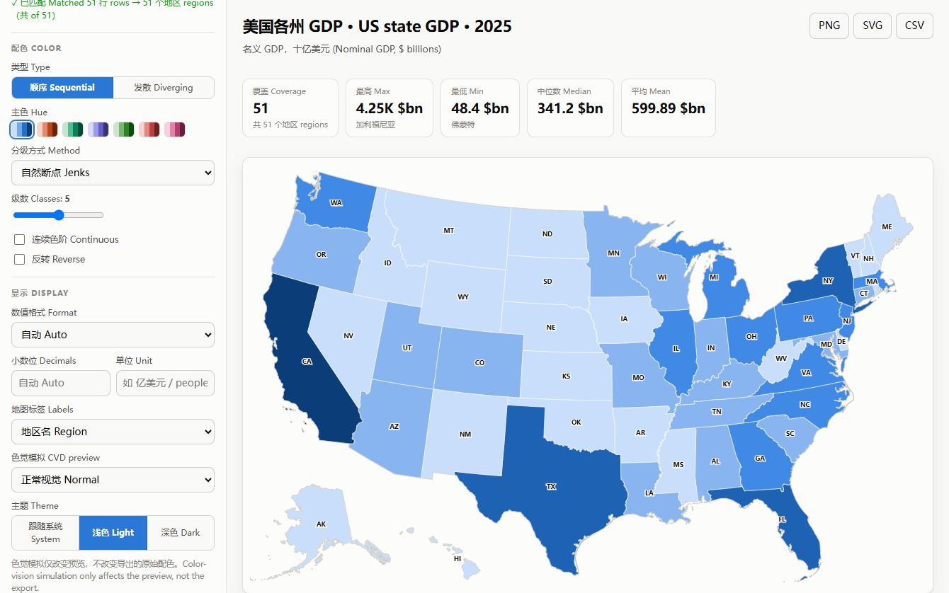 DataMap showing a choropleth of 2025 GDP by US state