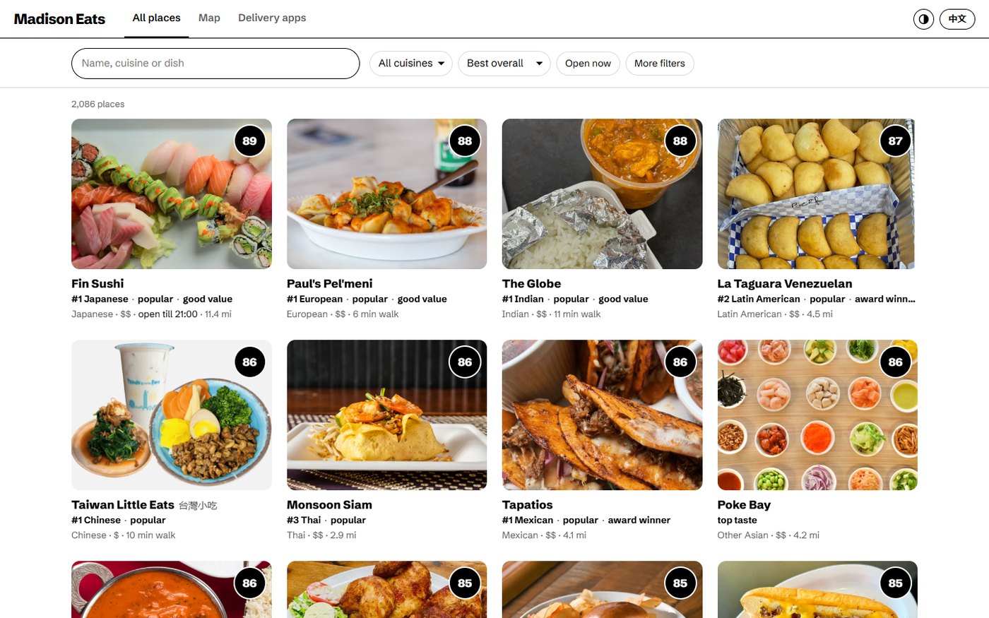 Madison Eats: a grid of photo cards for restaurants, each with an overall score, its rank within its cuisine and a few highlights