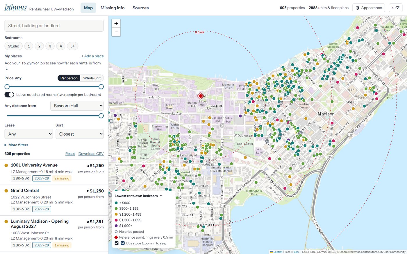Map of rentals near the UW–Madison campus, with filters and a price-colored pin for each property