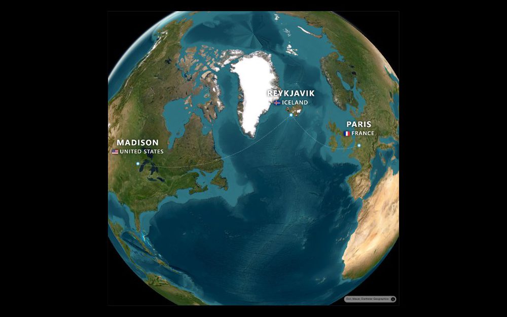 A Madison to Reykjavik to Paris flight drawn on the satellite globe in Route Animator